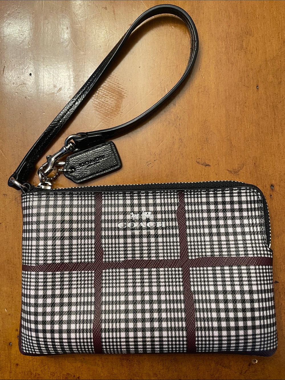 COACH Black, White & Burgundy Plaid Wristlet-NWOT